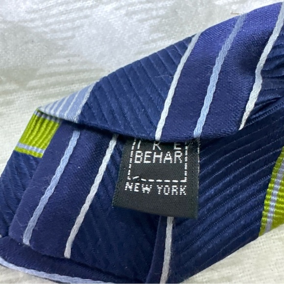 IKE BEHAR NEW YORK Silk Necktie Blue Green Stripes - Picture 3 of 7
